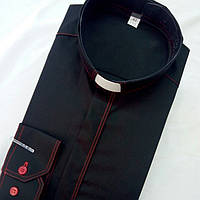 Чорна сорочка з червоною оздоблювальною  строчкою для священиків з довгим рукавом
