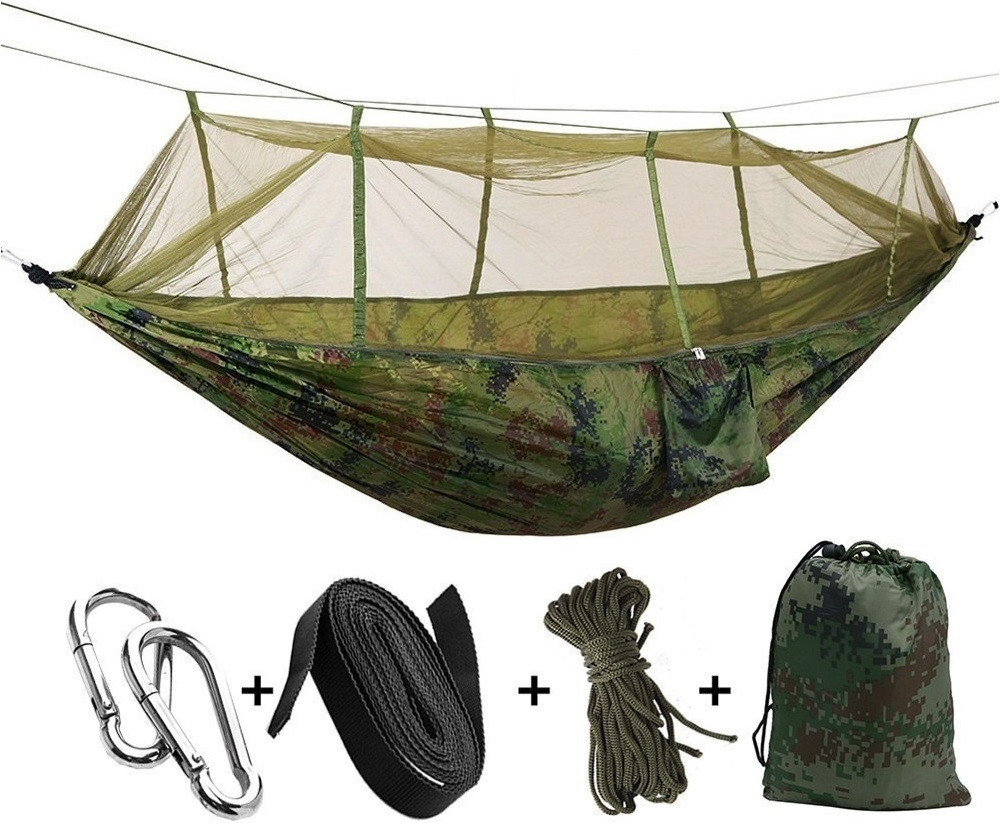 Гамак туристичний з антимоскітною сіткою 260 х 130 см до 200 кг камуфляжний, фото 1