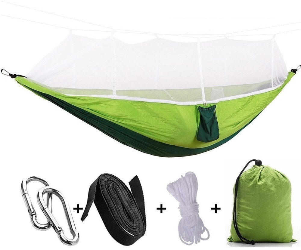Гамак туристичний з антимоскітною сіткою 260 х 130 см до 200 кг салатовий / зелений, фото 1