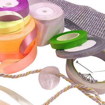 Стрічки атласні, тасьма, дріт, канат, волосінь, органза, скотч, присоски, шпагат