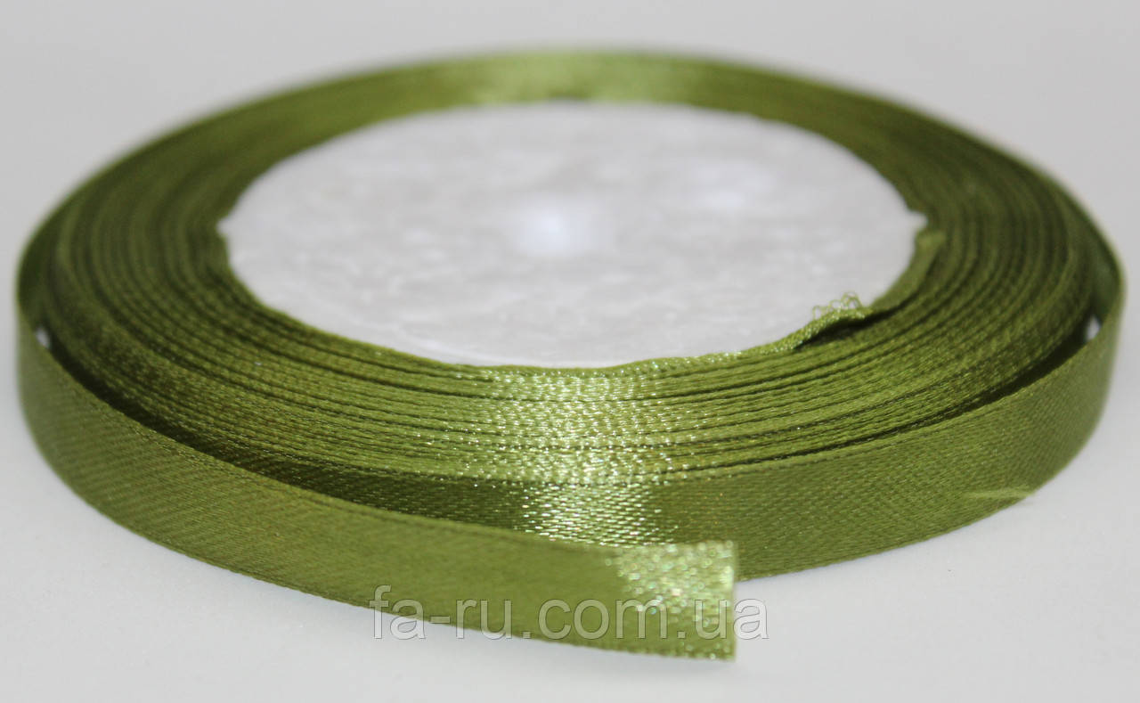 Стрічка атласна. Колір — оливковий темний, ширина — 1 см, довжина — 23 м, фото 1