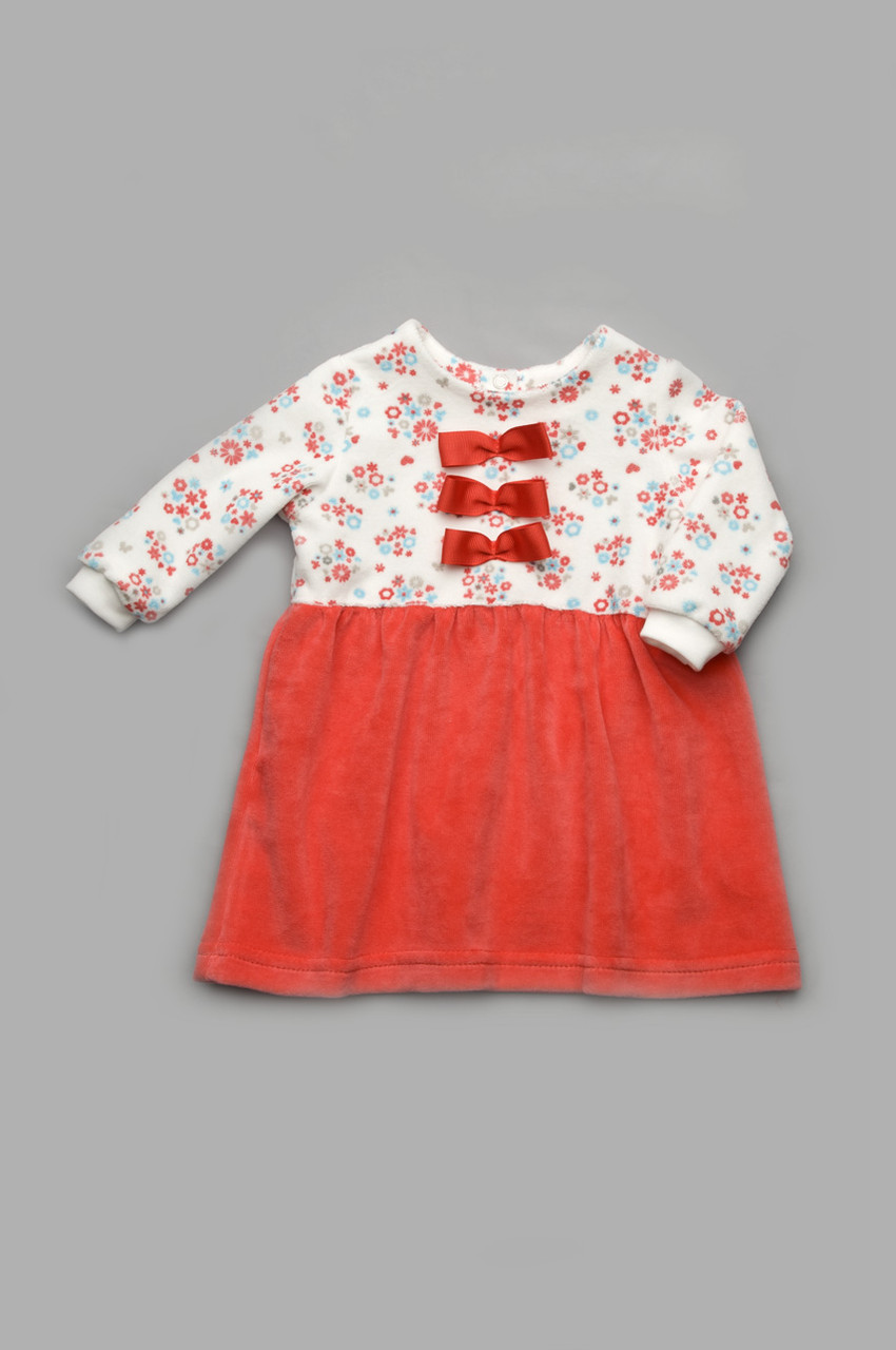 Велюрову сукню з бантиками для дівчаток з 6 міс. до 1,5 років (р. 68-86) ТМ Модный карапуз Білий+кораловий