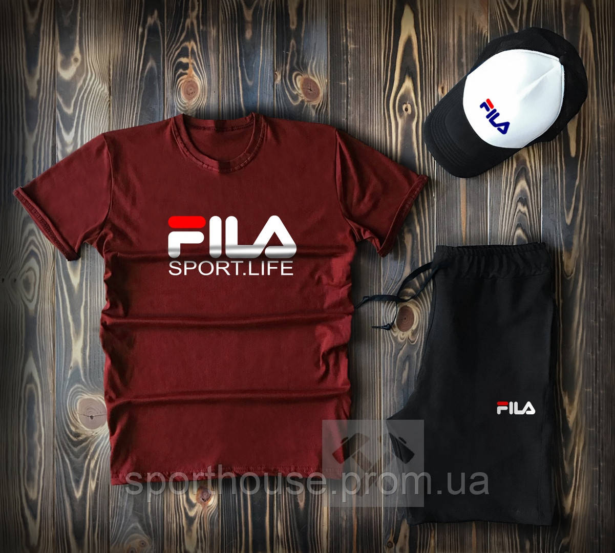 Чоловічий комплект футболка, кепка і шорти Fila бордового і чорного кольору (люкс) S