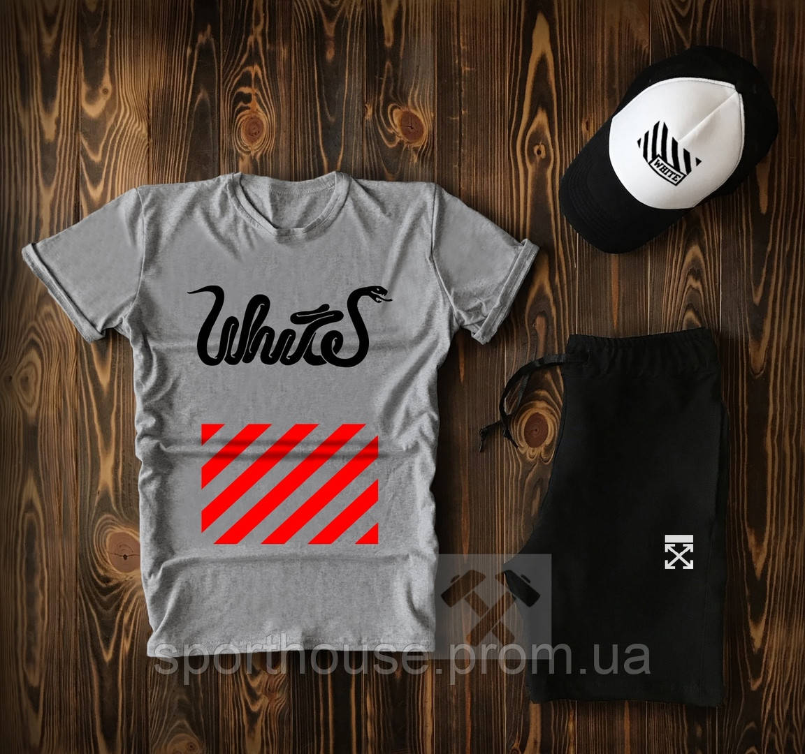 Чоловічий комплект футболка, кепка і шорти Off White сірого і чорного кольору (люкс) S