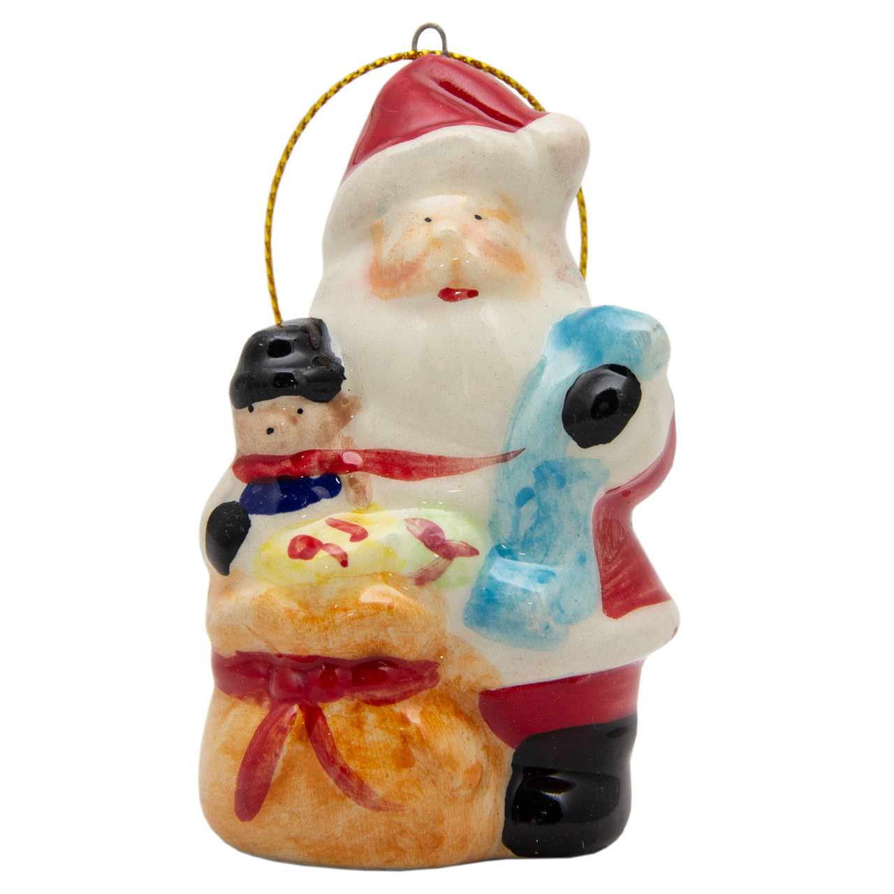 Новорічна ялинкова іграшка - фігурка Дід Мороз з жовтим подарунком, 7,5 см, червоний, кераміка (000173-5), фото 1