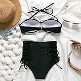 Купальник бандо жіночий роздільний з високою талією і шнурівкою, розмір S (чорний), фото 3