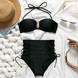 Купальник бандо жіночий роздільний з високою талією і шнурівкою, розмір S (чорний), фото 2