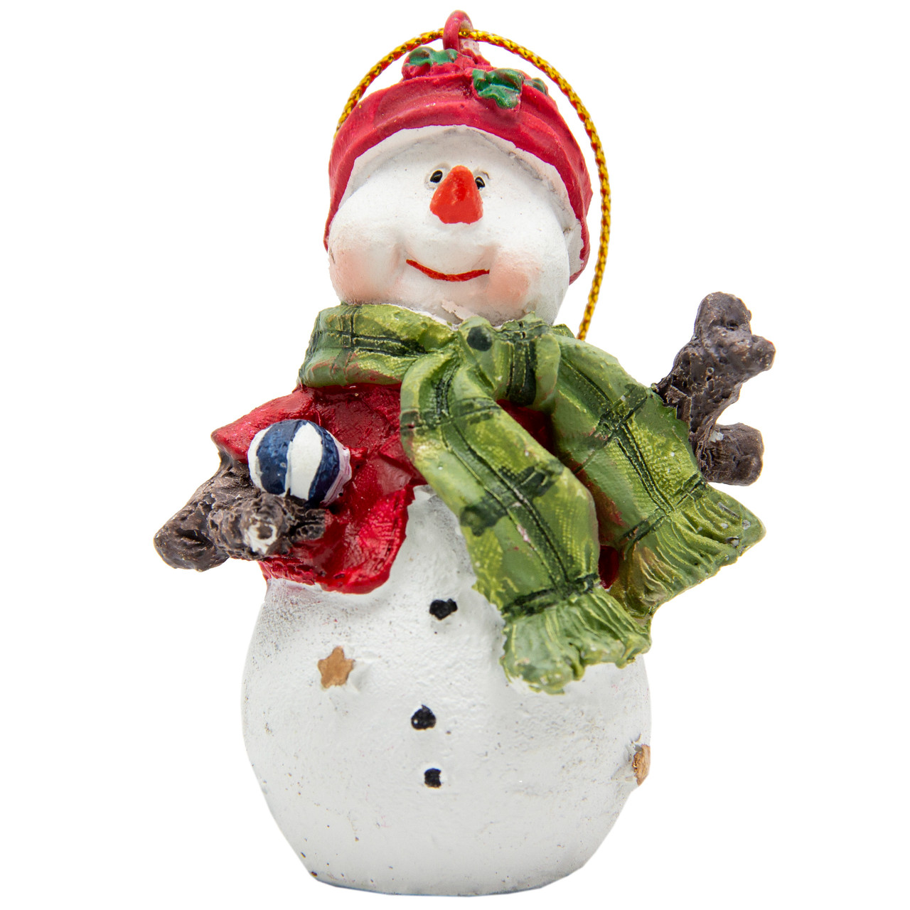 Новорічна ялинкова іграшка - фігурка Сніговик з зеленим шарфом, 7 см, білий, полістоун (000333-9)