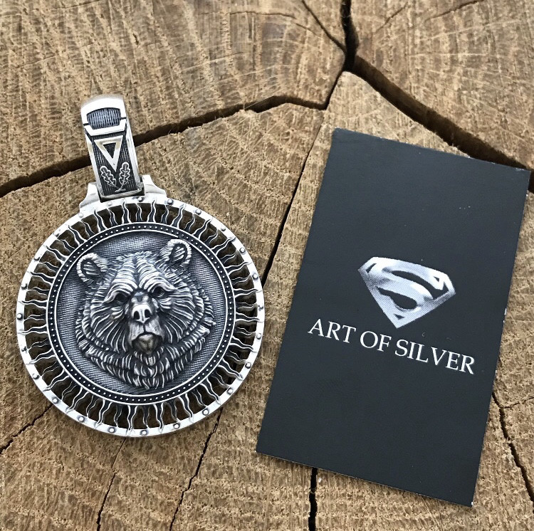 Срібний оберіг Ведмідь Велес і Дерево життя, фото 1
