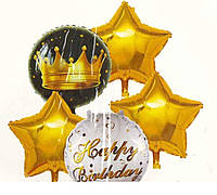 Набор фольгированных шаров с золотыми звездами Happy Birthday упаковка 5 шт.