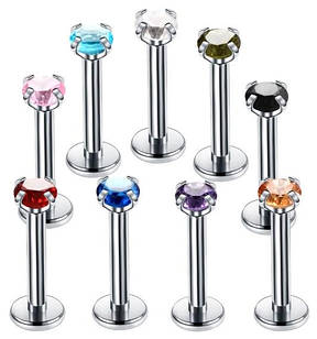 Лабрет набір 3 шт., пірсинг із кольоровим цирконом 3 мм