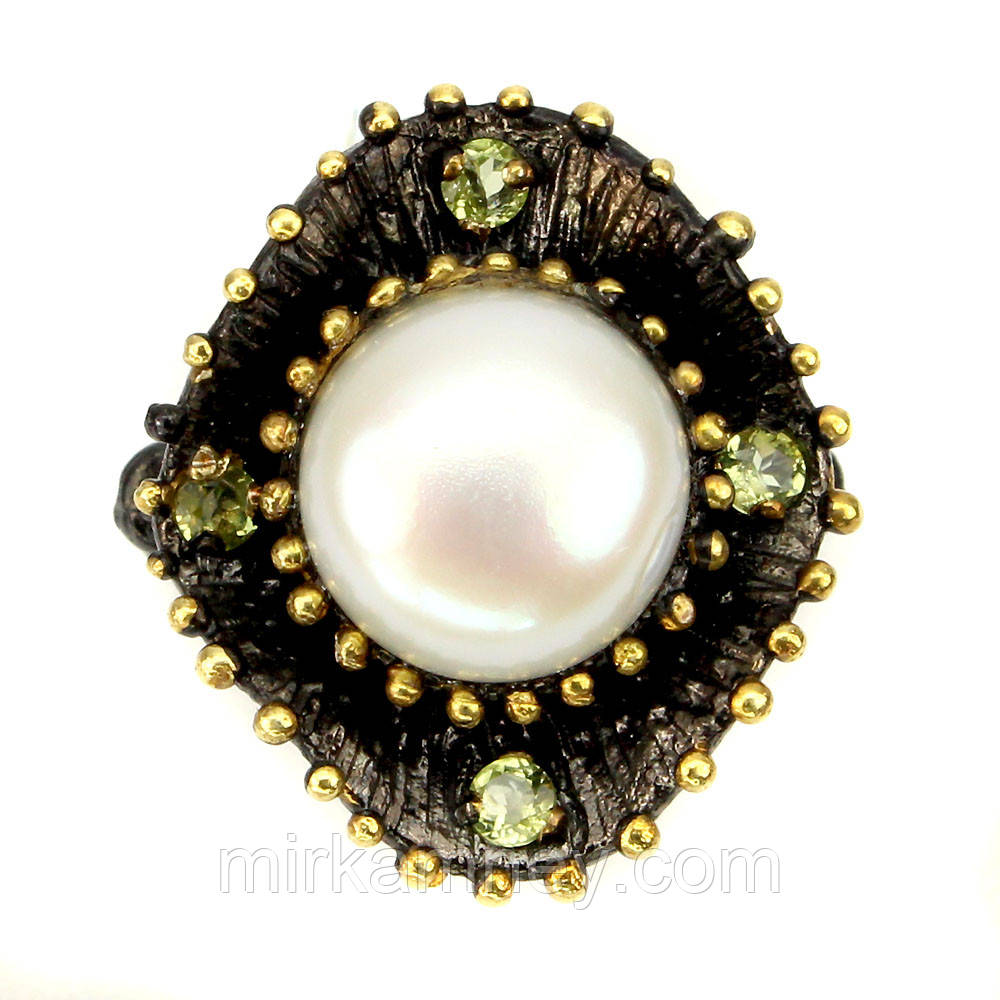 Кільце натуральний Хризоліт (Перидот) і великий Перли.Розмір 17,5 Срібло 925, фото 1