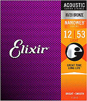 Струны для акустической гитары Elixir 11052 Nanoweb 80/20 Bronze Acoustic Light 12/53