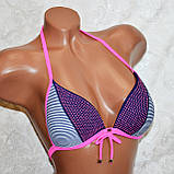 Розмір 36. Підлітковий купальник для дівчат, у синьо-білу смужку, на зав'язках із рожевими стразами, з пушапом, фото 3