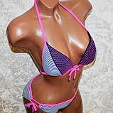 Розмір 36. Підлітковий купальник для дівчат, у синьо-білу смужку, на зав'язках із рожевими стразами, з пушапом, фото 4