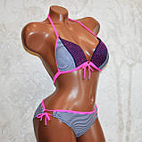 Розмір 36. Підлітковий купальник для дівчат, у синьо-білу смужку, на зав'язках із рожевими стразами, з пушапом, фото 2