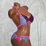 Розмір 36. Підлітковий купальник для дівчат, у синьо-білу смужку, на зав'язках із рожевими стразами, з пушапом, фото 6