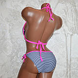 Розмір 36. Підлітковий купальник для дівчат, у синьо-білу смужку, на зав'язках із рожевими стразами, з пушапом, фото 5