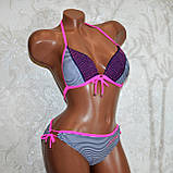 Розмір 36. Підлітковий купальник для дівчат, у синьо-білу смужку, на зав'язках із рожевими стразами, з пушапом, фото 7