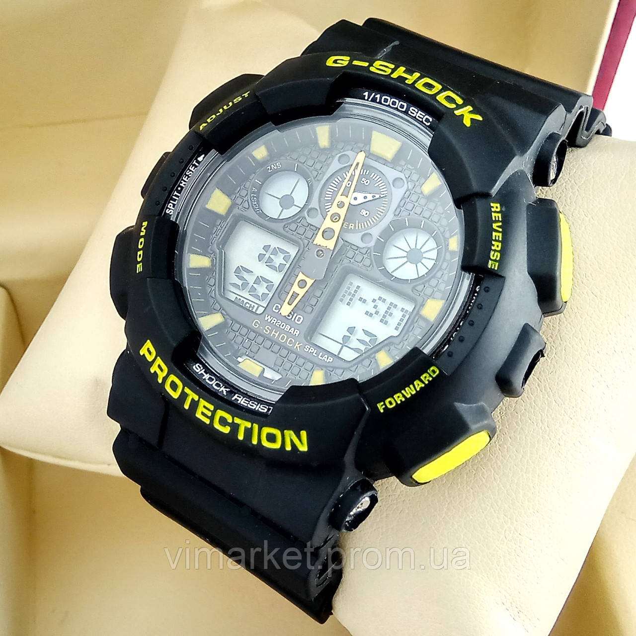 Удароміцні, вологозахищені, спортивні наручний годинник Casio G-Shock чорного кольору з салатовими літерами