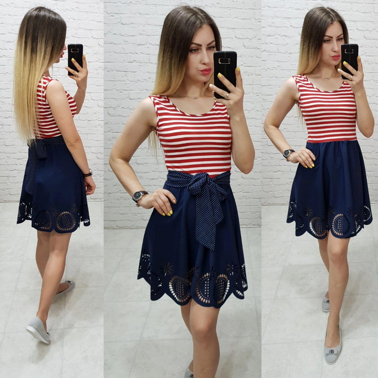 Плаття синього кольору в морському стилі арт. 170 верх - червона і біла смуга