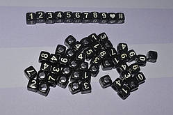 Чорна намистина куб. з білою цифрою 6 мм