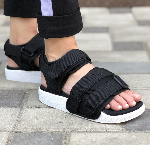 Жіночі сандалі Adidas Sandal літні чорні з білим. Живе фото. Топ якість. Сандалі 7 кольорів!