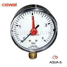 Манометр для води CEWAL (вертикальний) 10 барів G 1/4" (D 63 мм.) з індикатором (Італія)