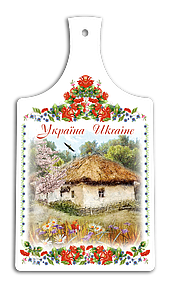 Дерев'яна кухонна дошка Україна  - Хата з вишневим цвітом 18 33 см укд04 Тур-Колекшн