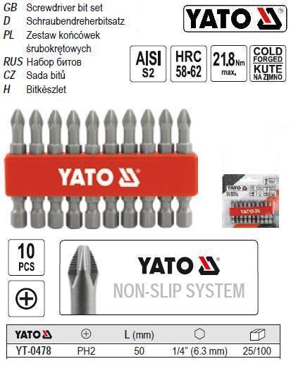 Набір насадка викрутки викруткова хрестова 1/4" l=50 мм 10 шт РН2 YATO-0478