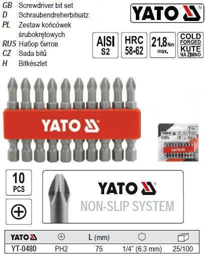 Набор насадка бита PН2 YATO 1/4" l=75 мм 10 штук YT-0480