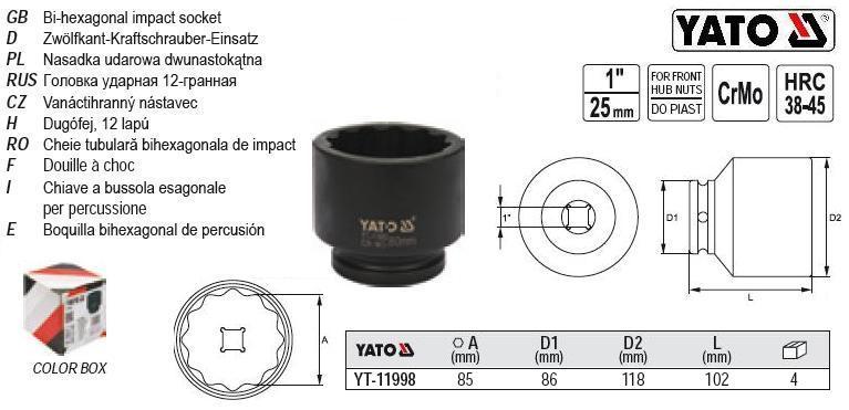 Головка торцева ударна 12-гранна 1" М85х102 мм YATO YT-11998