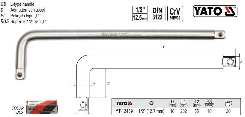 Вороток тип-L квадрат 1/2" 300х70 мм YATO YT-12439