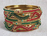 Комплект индийских браслетов красно-зеленых с бисером и эмалью