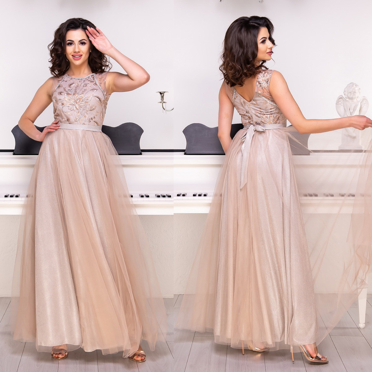 Бежевое пышное длинное вечернее платье "Клео" / anna-best.com