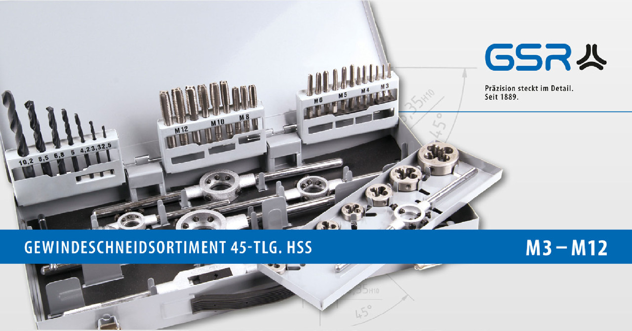 Набір ручних мітчиків і плашок DIN 352/223 HSSG M3-M12 45шт. SB  GSR Німеччина