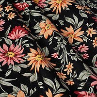 Декоративная ткань оранжевые и бордовые цветы на черном фоне 180см
