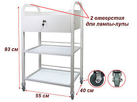Візок косметологічна / маніпуляційна з ящиком і скляними полицями мод. 009 Біла