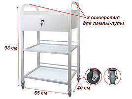 Візок косметологічний/маніпуляційний із шухлядою та скляними полицями мод. 009 Біла