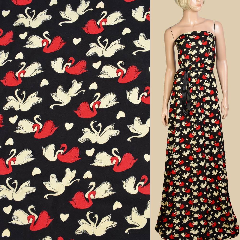 Штапель чорний, кремові, червоні лебеді, ш.140