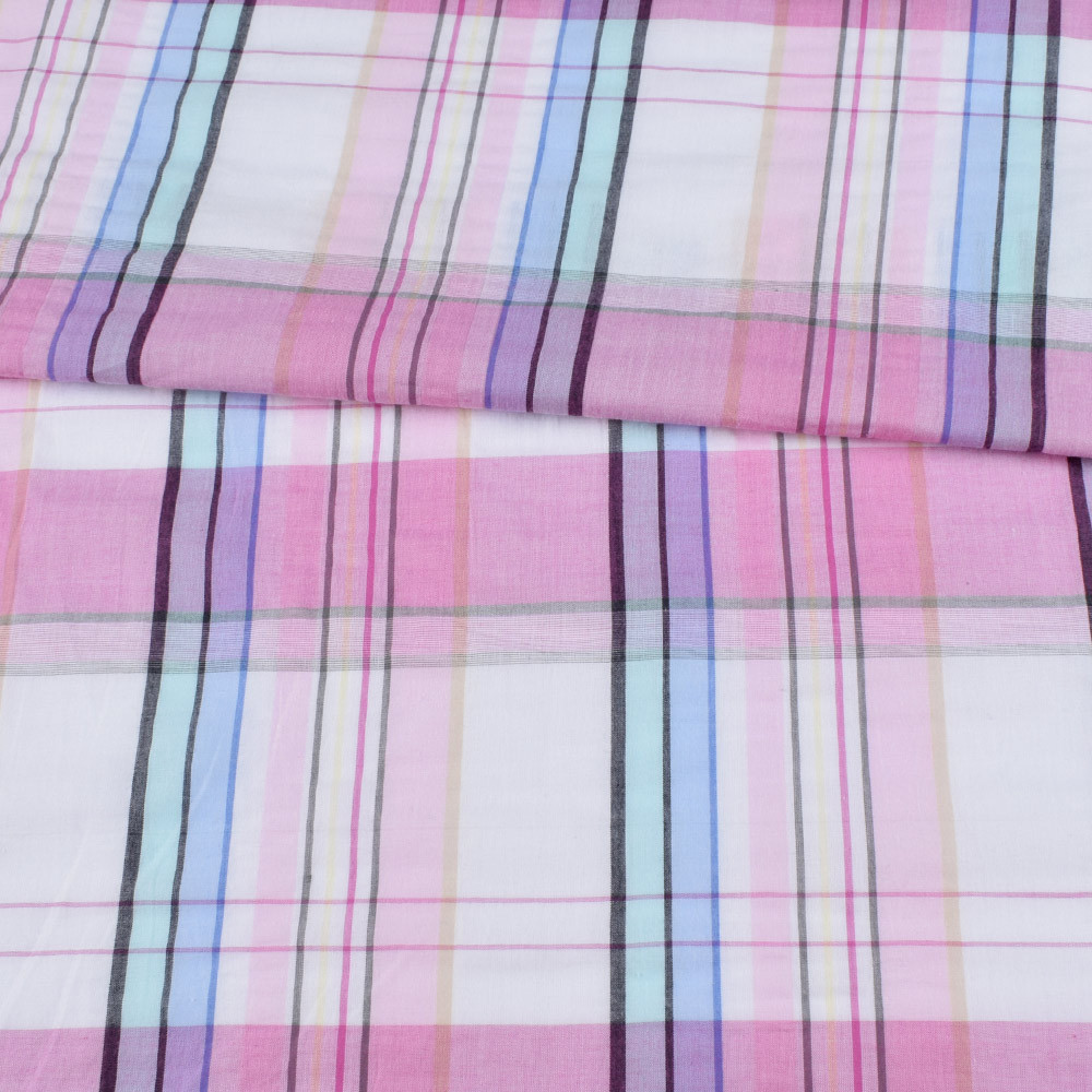 Батист білий в рожево-блакитну і чорну клітинку ш.152