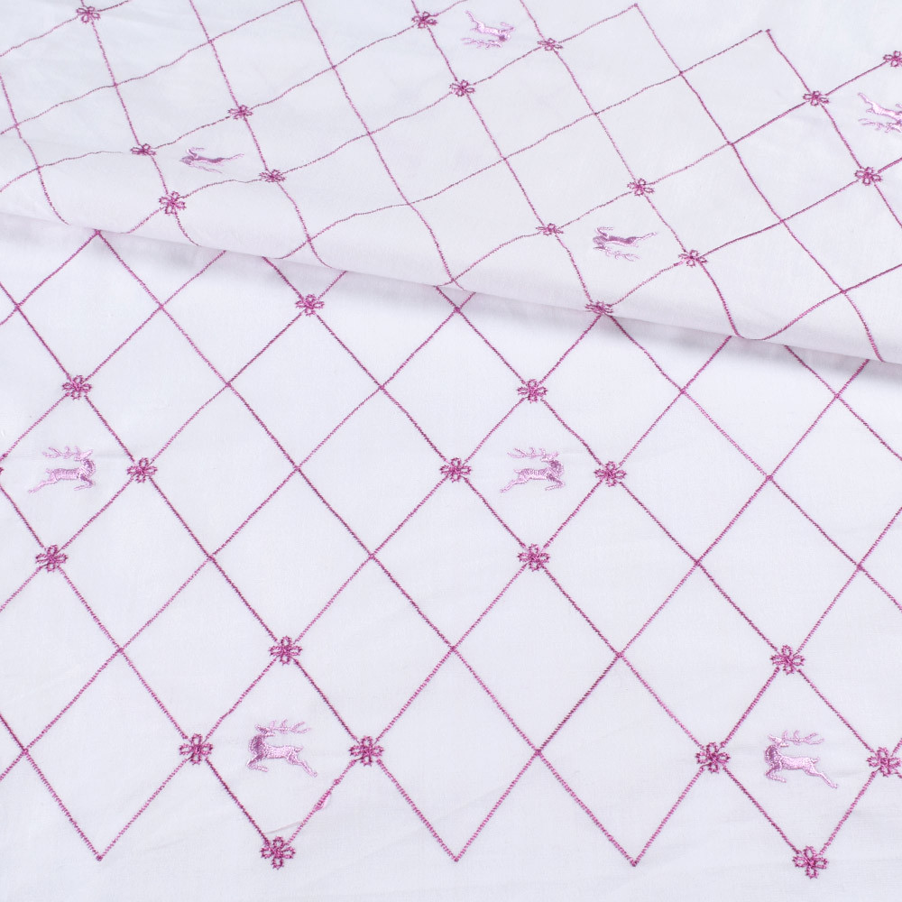 Котон вишитий білий, бузковий ромб, олені, ш.150