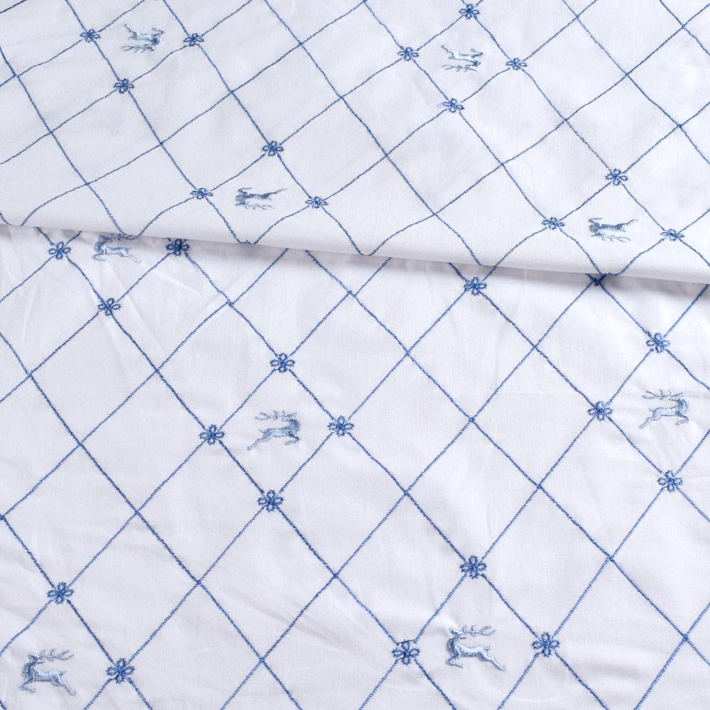 Котон вишитий білий, синій ромб, олені ш.150