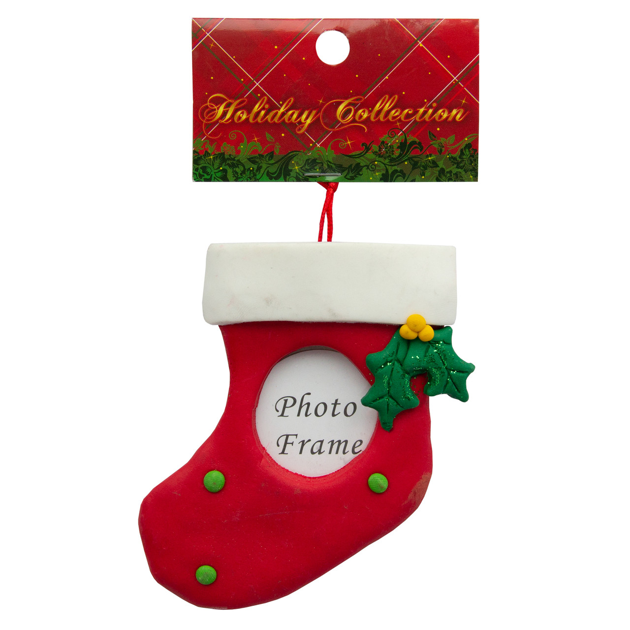 Новорічна ялинкова іграшка - фоторамка гумова Шкарпетка, 9,5 см, червоний, полірезин (001545-2), фото 1