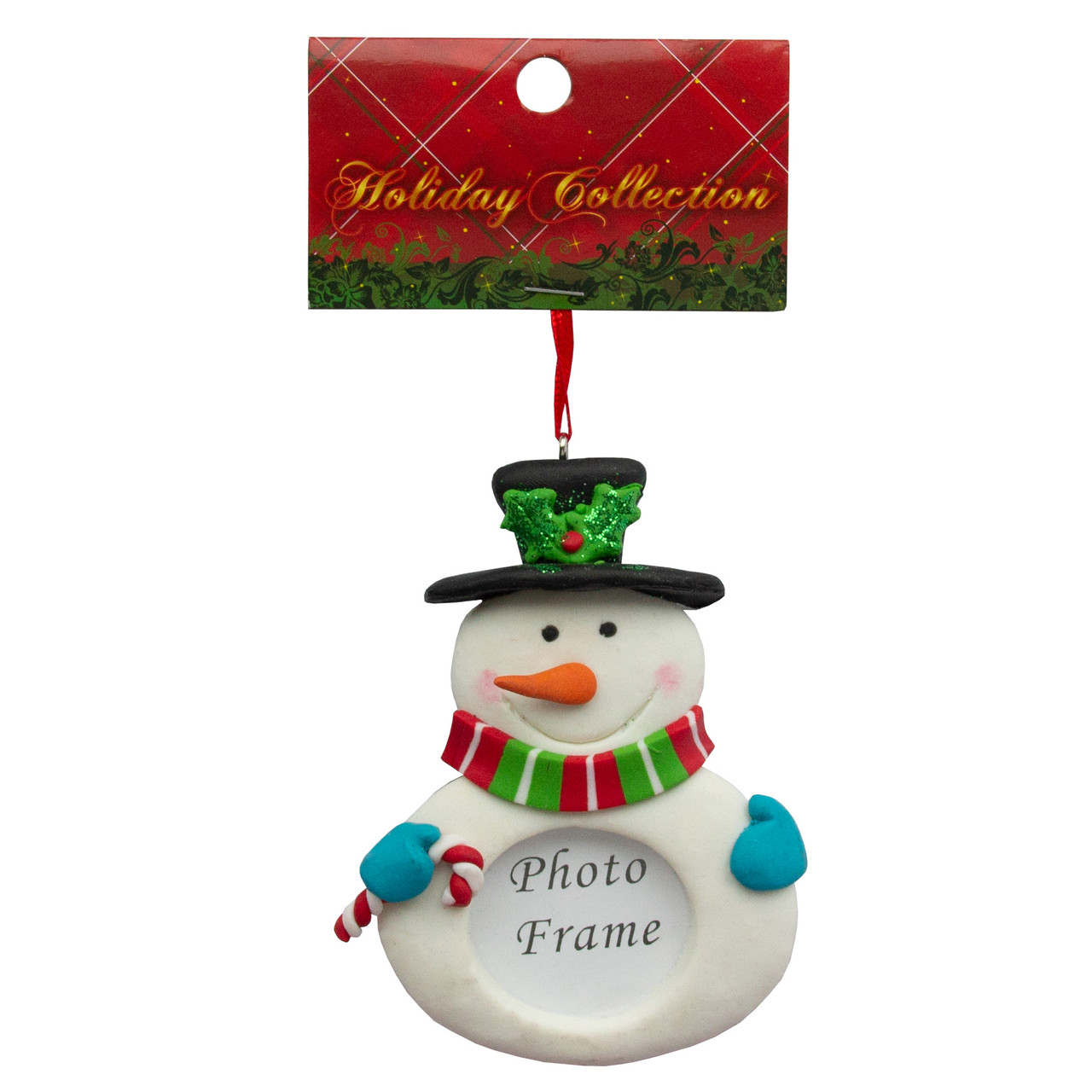 Новорічна ялинкова іграшка фоторамка гумова Сніговик з цукеркою, 9,5 см, білий, полірезин (001545-7), фото 1