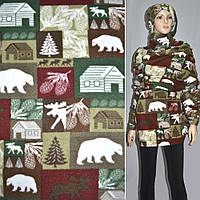 Фліс в коричнево-зелено-бордові квадрати з білими ведмедями і шишками ш.160