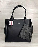 Женская черная деловая сумка с кошельком практичная молодежная сумочка с маленькими ручками и ремешком