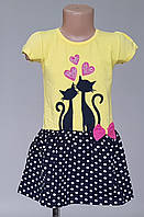 Платье для девочек "Котята" желтого цвета с юбкой в горошек