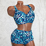 58 розмір. Класичний жіночий купальник, синій із блакитними квітами, роздільний, м'яка чашка, без кісточок, фото 5