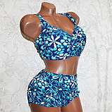 58 розмір. Класичний жіночий купальник, синій із блакитними квітами, роздільний, м'яка чашка, без кісточок, фото 6